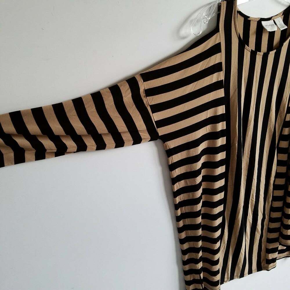 Chico’s Zenergy Women’s Tandy Cold Shoulder Tan Black Mixed Striped Tunic - Picture 4 of 10